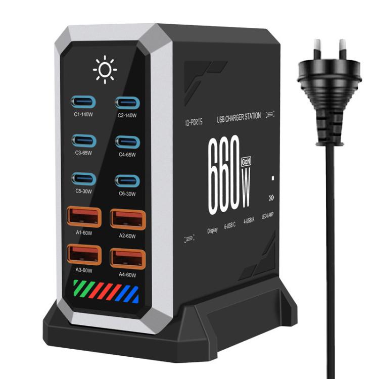 Carregador de Secretária Multi-Porta 6 Type-C + 4 USB 660W de Alta Potência com Nitreto de Gálio, Plugue US, Plugue UK, Plugue EU, Plugue AU