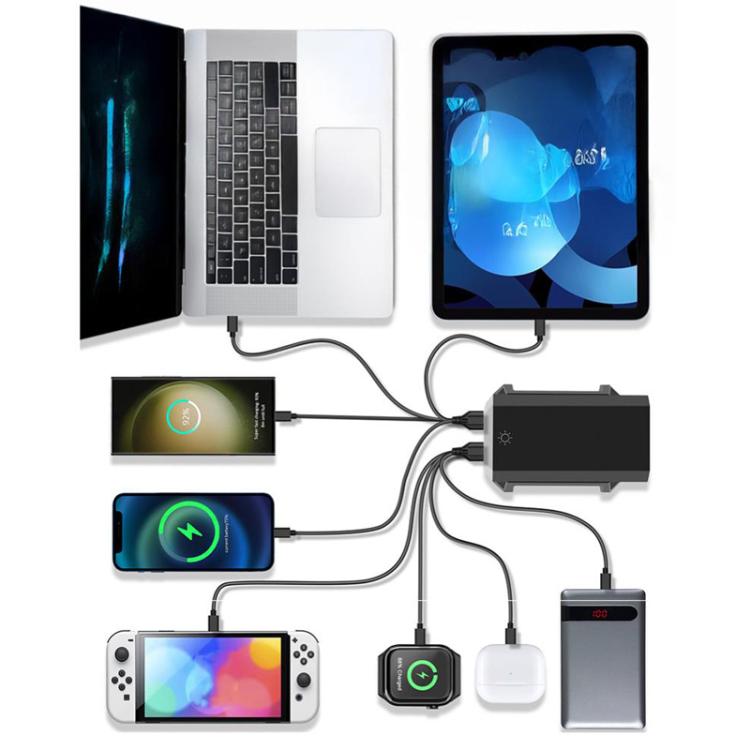 Carregador de Secretária Multi-Porta 6 Type-C + 4 USB 660W de Alta Potência com Nitreto de Gálio, Plugue US, Plugue UK, Plugue EU, Plugue AU