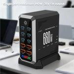 Carregador de Secretária Multi-Porta 6 Type-C + 4 USB 660W de Alta Potência com Nitreto de Gálio, Plugue US, Plugue UK, Plugue EU, Plugue AU