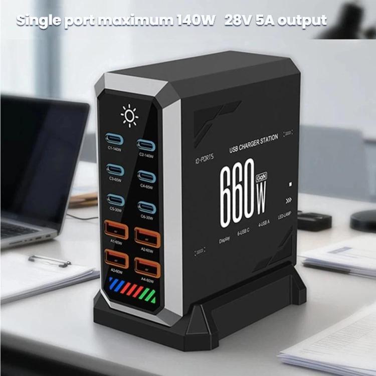 Carregador de Secretária Multi-Porta 6 Type-C + 4 USB 660W de Alta Potência com Nitreto de Gálio, Plugue US, Plugue UK, Plugue EU, Plugue AU