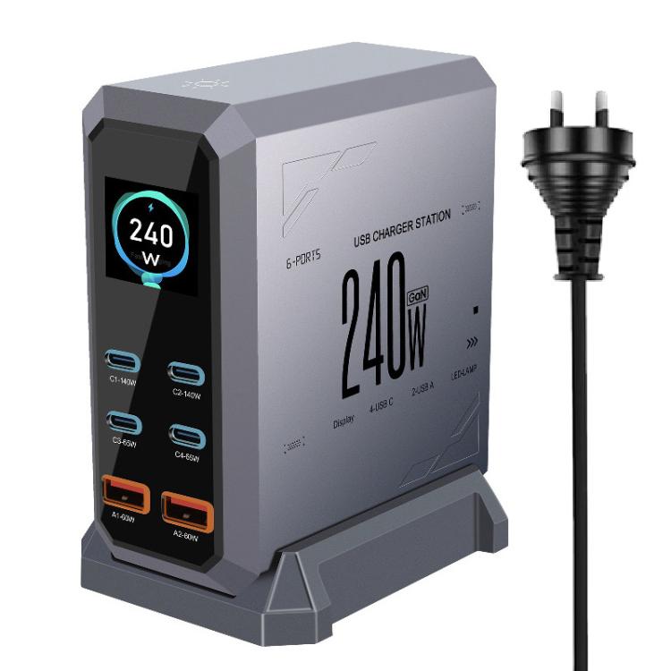Carregador Multi-Porta 4 Type-C + 2 USB 240W com Ecrã Dinâmico e Nitreto de Gálio, Plugue AU, Plugue US, Plugue EU, Plugue UK