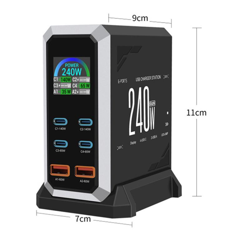 4 Type-C+2 USB Multi-Port 240W Dynamic Display Gallium Nitride Charger, AU Plug, US Plug, EU Plug, UK Plug