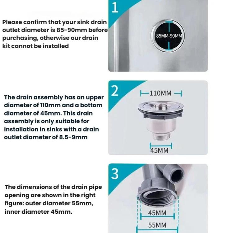 Conjunto de Acessórios para Tubo de Drenagem de Lavatório em Aço Inoxidável para Cozinha, Dreno Anti-Odor, Tubo de Cauda com Dupla Fenda 0,6m, Curva S com Dupla Fenda, Tubo de Cauda com Dupla Fenda 1m