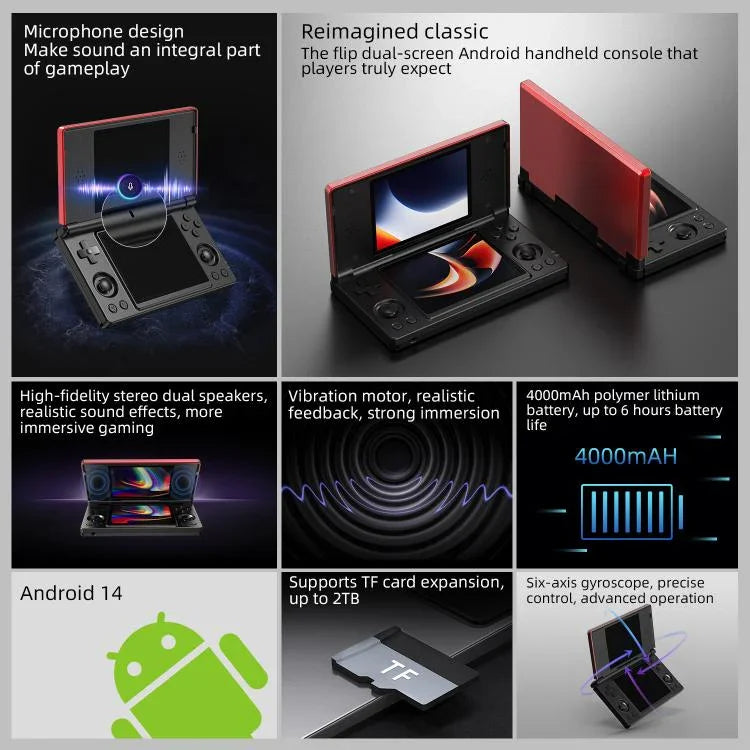 ANBERNIC RG DS Flip Consola de Jogo Portátil com Ecrã Duplo de 4 Polegadas IPS Touchscreen Dispositivo de Jogo AI 3+32G