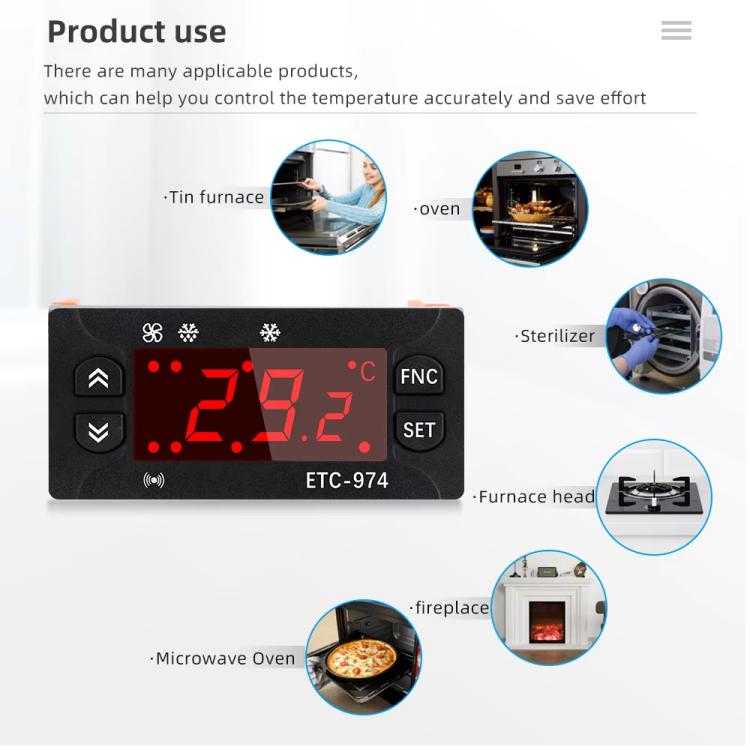 Controlador Digital de Temperatura Embutido ETC-974 com Funções de Arrefecimento, Descongelação e Ventoinha, ETC-974 220V, ETC-974 110V