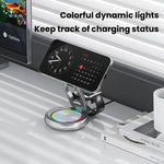 Carregador Sem Fios Magnético 3 em 1 de 15W com Luzes LED Coloridas, Suporte Giratório para Mesa