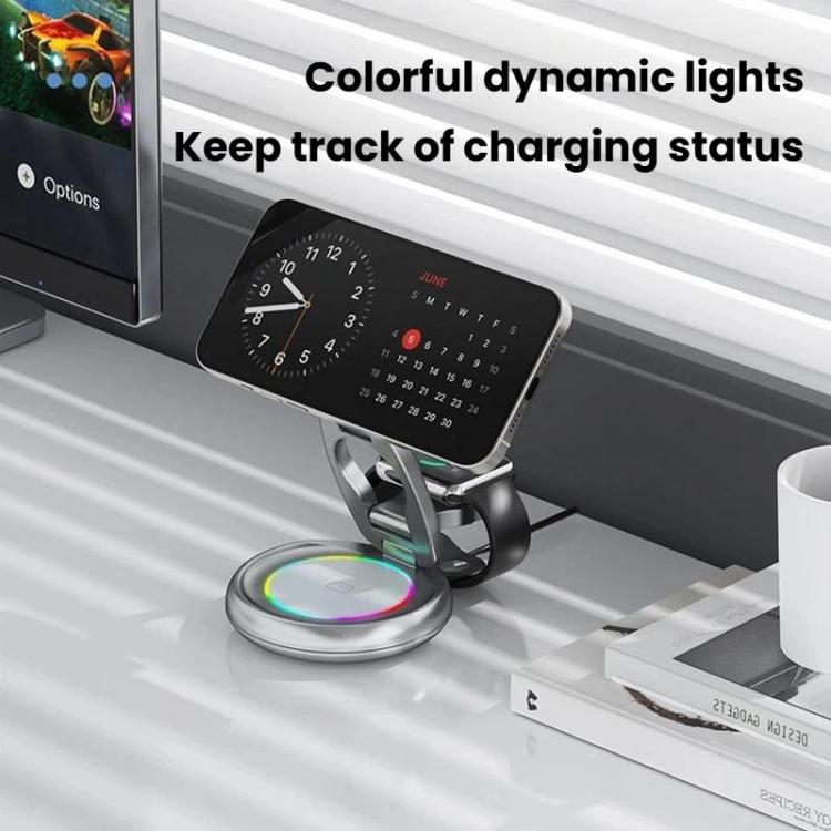 Carregador Sem Fios Magnético 3 em 1 de 15W com Luzes LED Coloridas, Suporte Giratório para Mesa