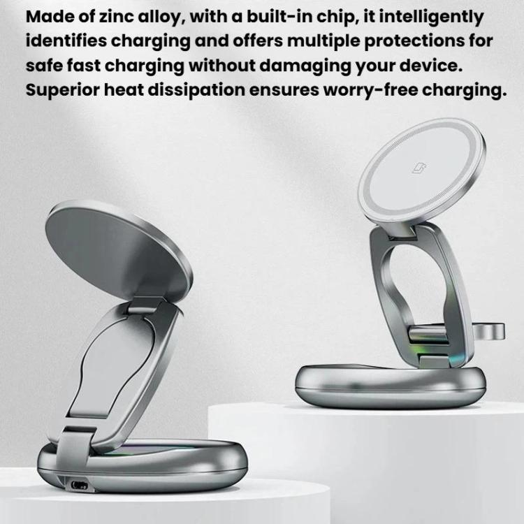 Carregador Sem Fios Magnético 3 em 1 de 15W com Luzes LED Coloridas, Suporte Giratório para Mesa