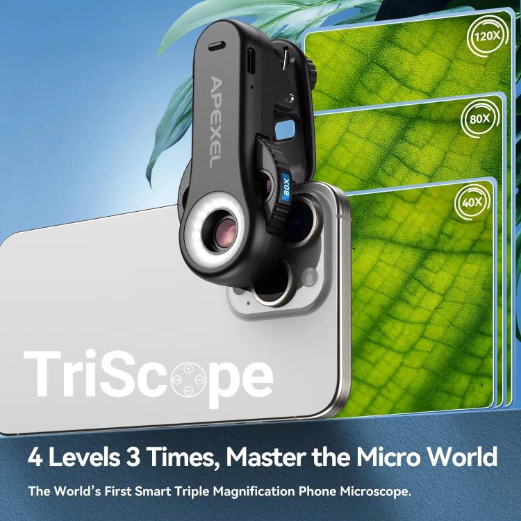 Microscópio para Telemóvel APEXEL TriScope 40X-80X-120X com Iluminação LED de Dupla Temperatura e UV, APL-MS3L