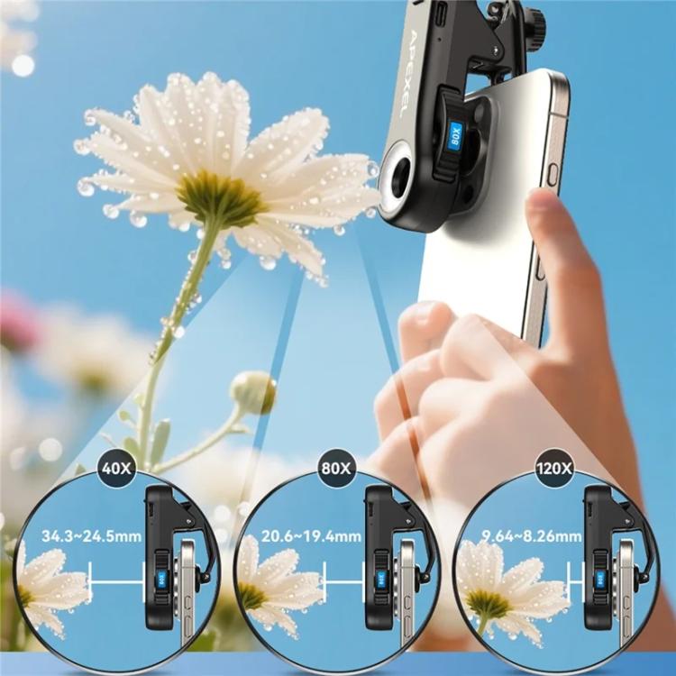 Microscópio para Telemóvel APEXEL TriScope 40X-80X-120X com Iluminação LED de Dupla Temperatura e UV, APL-MS3L