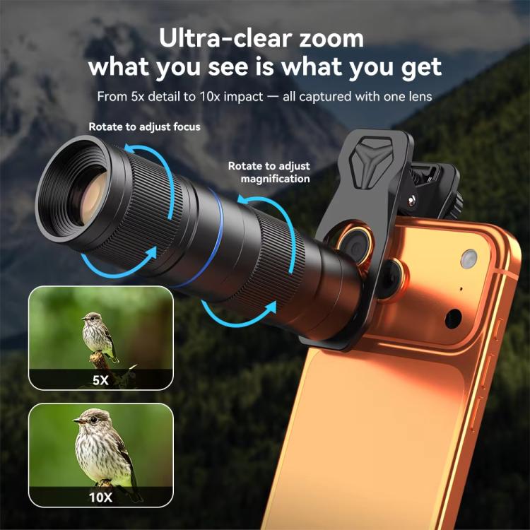 Kit de Lente TeleZoom 5–10X para Smartphone com Clipe Universal Tudo-em-um, APEXEL APL-T5-10X