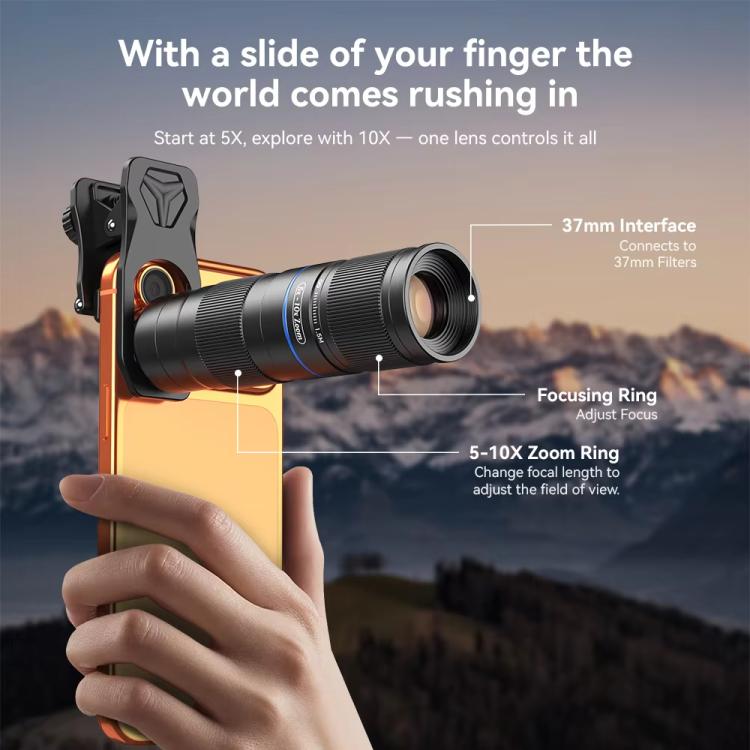 Kit de Lente TeleZoom 5–10X para Smartphone com Clipe Universal Tudo-em-um, APEXEL APL-T5-10X