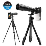 Kit de Lente TeleCular 50x para Smartphone com Tripé de Cabeça de Bola 360 Graus e Foco Interno, APEXEL APL-T50X