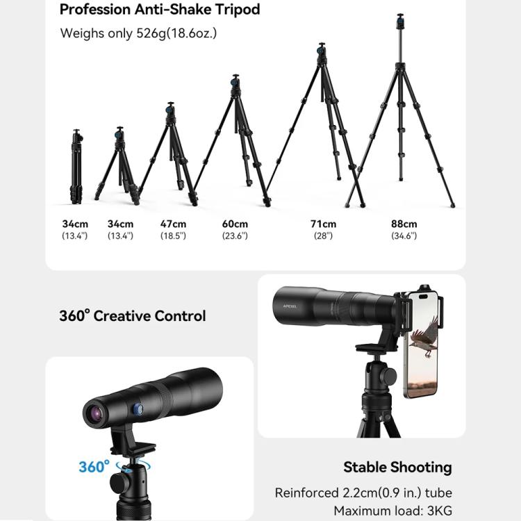 Kit de Lente TeleCular 50x para Smartphone com Tripé de Cabeça de Bola 360 Graus e Foco Interno, APEXEL APL-T50X
