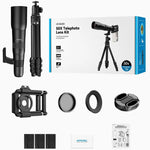 Kit de Lente TeleCular 50x para Smartphone com Tripé de Cabeça de Bola 360 Graus e Foco Interno, APEXEL APL-T50X