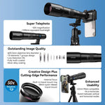 Kit de Lente TeleCular 50x para Smartphone com Tripé de Cabeça de Bola 360 Graus e Foco Interno, APEXEL APL-T50X