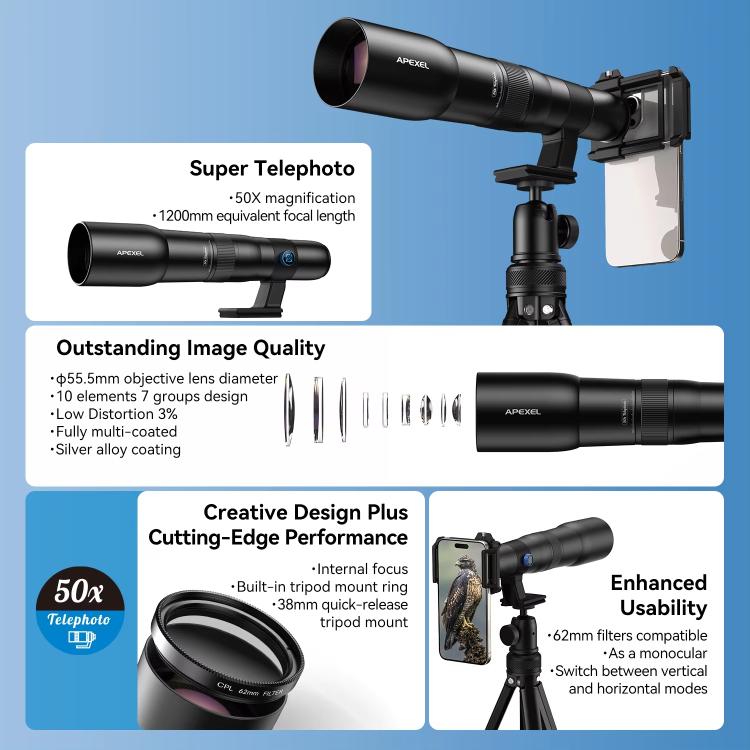 Kit de Lente TeleCular 50x para Smartphone com Tripé de Cabeça de Bola 360 Graus e Foco Interno, APEXEL APL-T50X