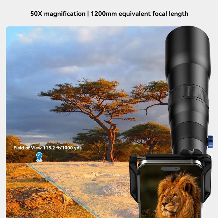 Kit de Lente TeleCular 50x para Smartphone com Tripé de Cabeça de Bola 360 Graus e Foco Interno, APEXEL APL-T50X