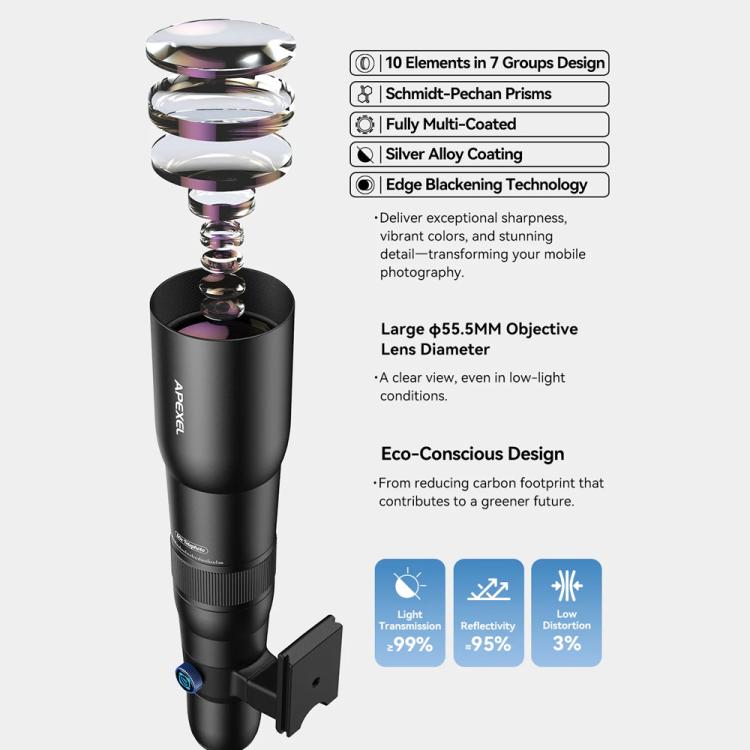 Kit de Lente TeleCular 50x para Smartphone com Tripé de Cabeça de Bola 360 Graus e Foco Interno, APEXEL APL-T50X