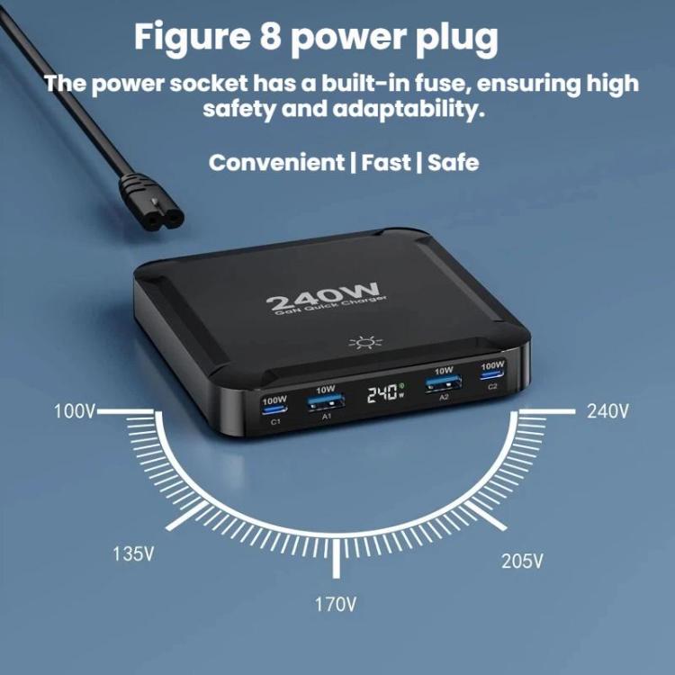 Carregador Inteligente de Carregamento Rápido de 240W com Cabo USB Magnético Retrátil e Armazenamento Multi-Porta, Ficha EU, Ficha US, Ficha UK, Ficha AU, Ficha KR