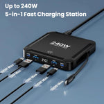 Carregador Inteligente de Carregamento Rápido de 240W com Cabo USB Magnético Retrátil e Armazenamento Multi-Porta, Ficha EU, Ficha US, Ficha UK, Ficha AU, Ficha KR
