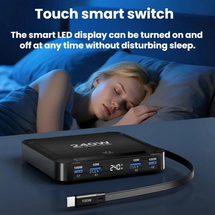 Carregador Inteligente de Carregamento Rápido de 240W com Cabo USB Magnético Retrátil e Armazenamento Multi-Porta, Ficha EU, Ficha US, Ficha UK, Ficha AU, Ficha KR