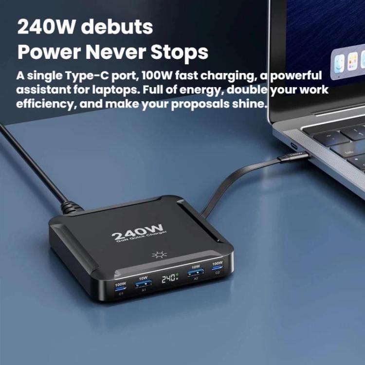 Carregador Inteligente de Carregamento Rápido de 240W com Cabo USB Magnético Retrátil e Armazenamento Multi-Porta, Ficha EU, Ficha US, Ficha UK, Ficha AU, Ficha KR
