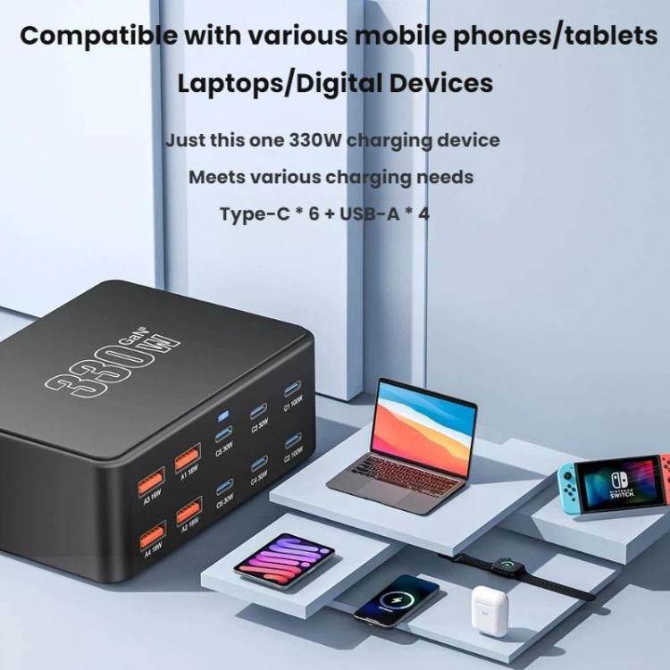 Carregador Multi-Porta GaN de 330W com Carregamento Super Rápido, Ficha EU, Ficha US, Ficha UK, Ficha AU, Ficha KR