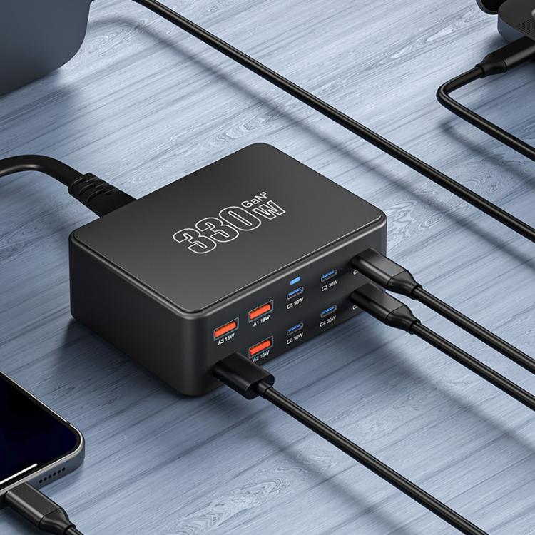 Carregador Multi-Porta GaN de 330W com Carregamento Super Rápido, Ficha EU, Ficha US, Ficha UK, Ficha AU, Ficha KR