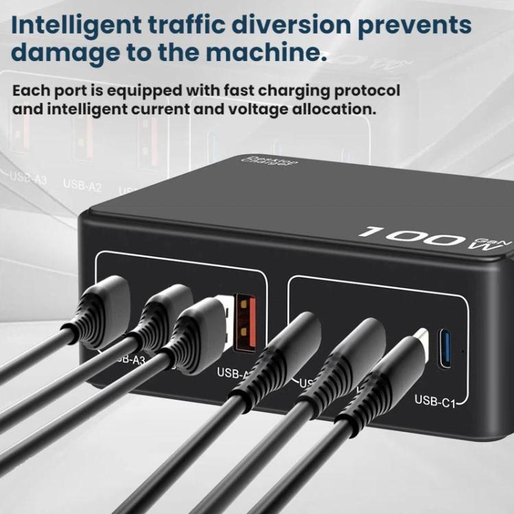 Carregador USB Multi-Porta PD de Alta Potência 100W com Carregamento Rápido, Ficha US, Ficha EU, Ficha AU, Ficha KR, Ficha UK
