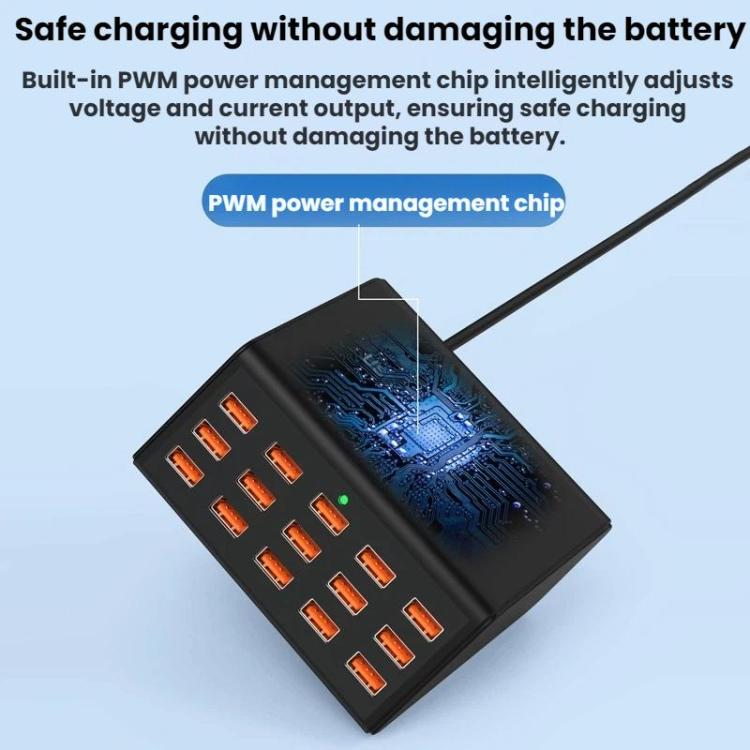 Fita de Energia USB de 15 Portas com Carregamento Inteligente Rápido, Ficha US, Ficha UK, Ficha AU, Ficha EU, Ficha KR