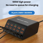 Fita de Energia USB de 15 Portas com Carregamento Inteligente Rápido, Ficha US, Ficha UK, Ficha AU, Ficha EU, Ficha KR