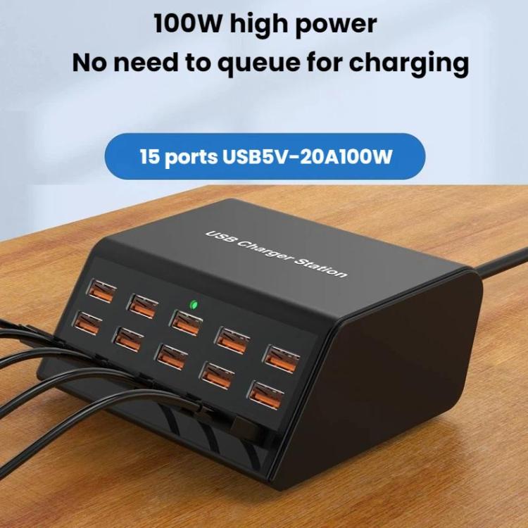 Fita de Energia USB de 15 Portas com Carregamento Inteligente Rápido, Ficha US, Ficha UK, Ficha AU, Ficha EU, Ficha KR