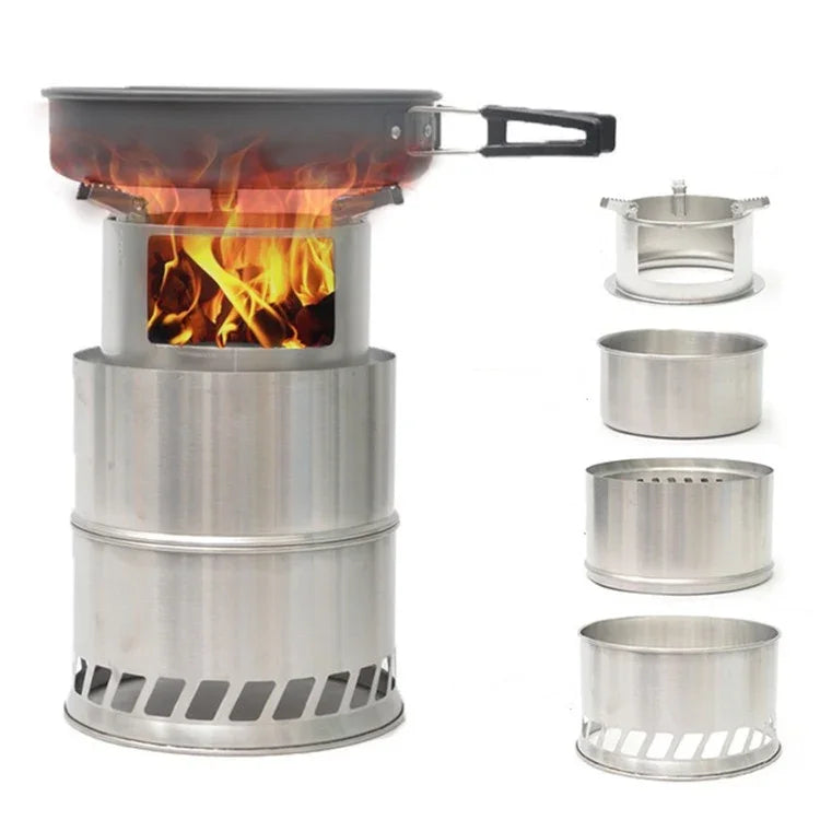 Fogão Portátil Redondo de Madeira para Camping, Fogão de Carvão, Fogão de Álcool Sólido, Fogão de Piquenique em Aço Inoxidável Grosso