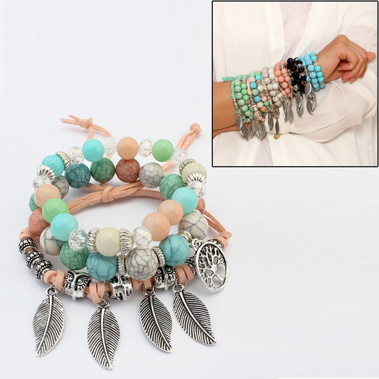 Pulseira Vintage Étnica com Contas de Mármore Elásticas, Bracelete Boho com Folhas, Azul, Colorido, Verde, Laranja, Branco