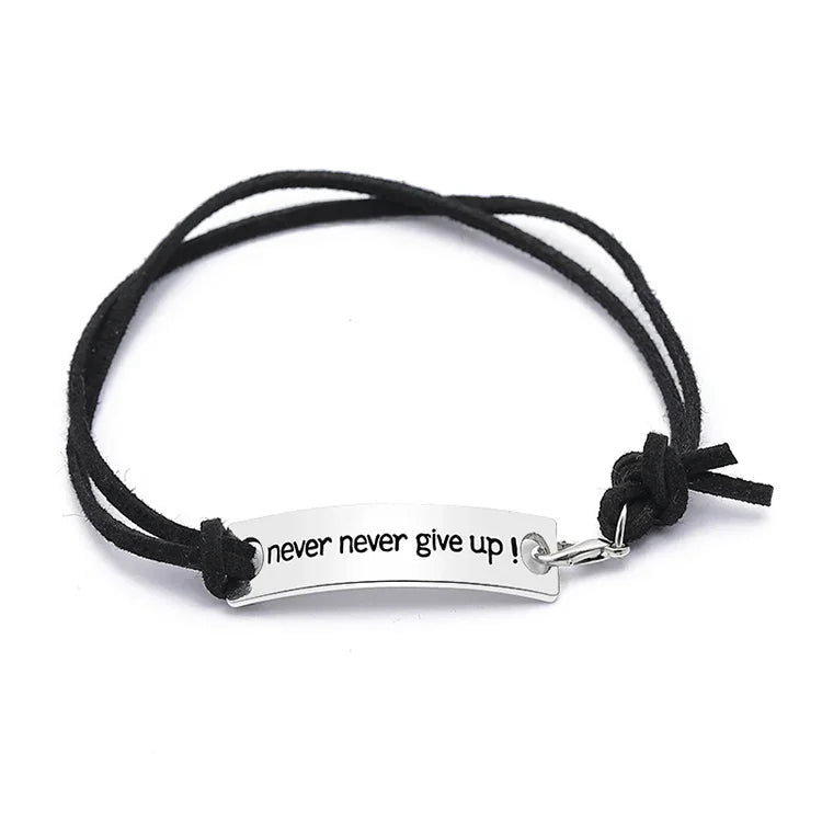Pulseiras "Nunca Desistas" em Couro Simples com Letra de Veludo, Pulseira de Persistência