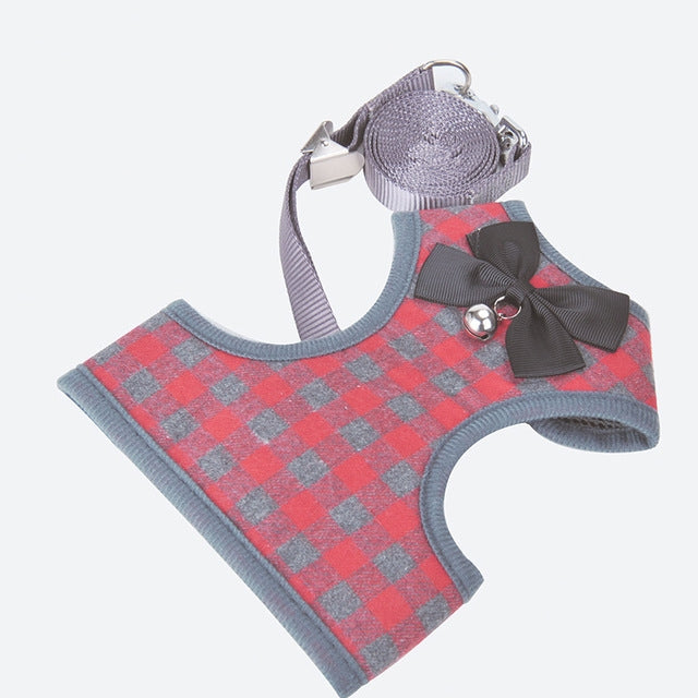 Trela com Laço Ajustável e Padrão às Quadrículas para Peitoral de Gato e Cão, Vermelho, Azul, Cinzento, Rosa, Amarelo