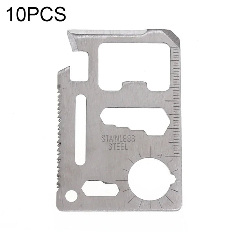 100 PCS Cartão de Ferramenta Oca Multifuncional Portátil para Exterior 11 em 1 em Aço Inoxidável com Estojo de Couro, Tamanho: 6.9 x 4.5cm, 10 PCS