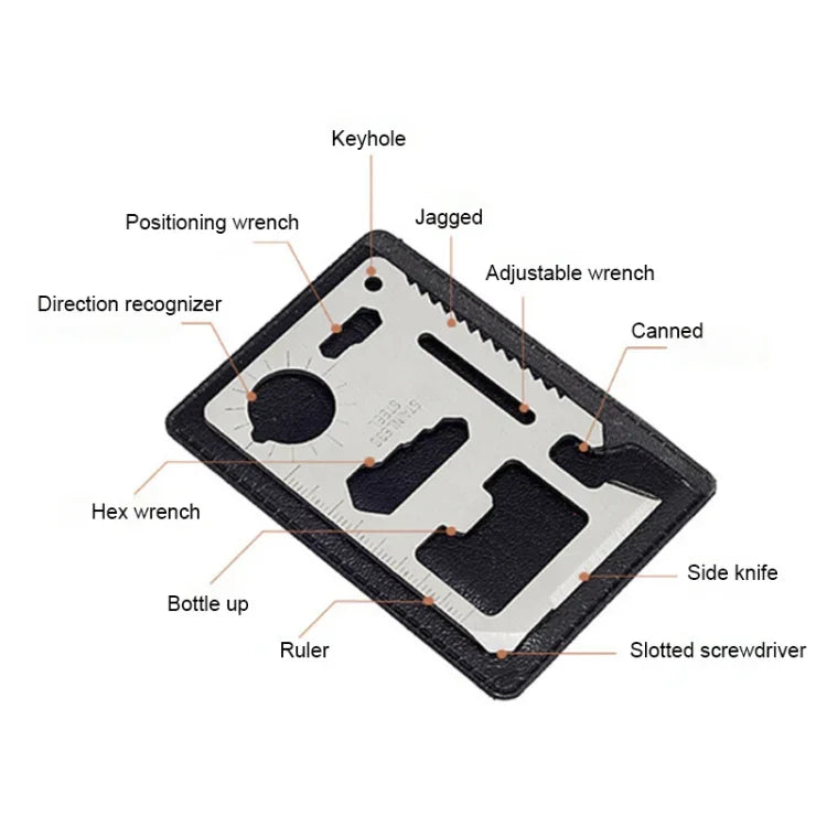 100 PCS Cartão de Ferramenta Oca Multifuncional Portátil para Exterior 11 em 1 em Aço Inoxidável com Estojo de Couro, Tamanho: 6.9 x 4.5cm, 10 PCS
