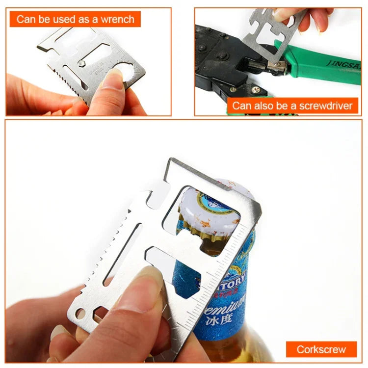 100 PCS Cartão de Ferramenta Oca Multifuncional Portátil para Exterior 11 em 1 em Aço Inoxidável com Estojo de Couro, Tamanho: 6.9 x 4.5cm, 10 PCS