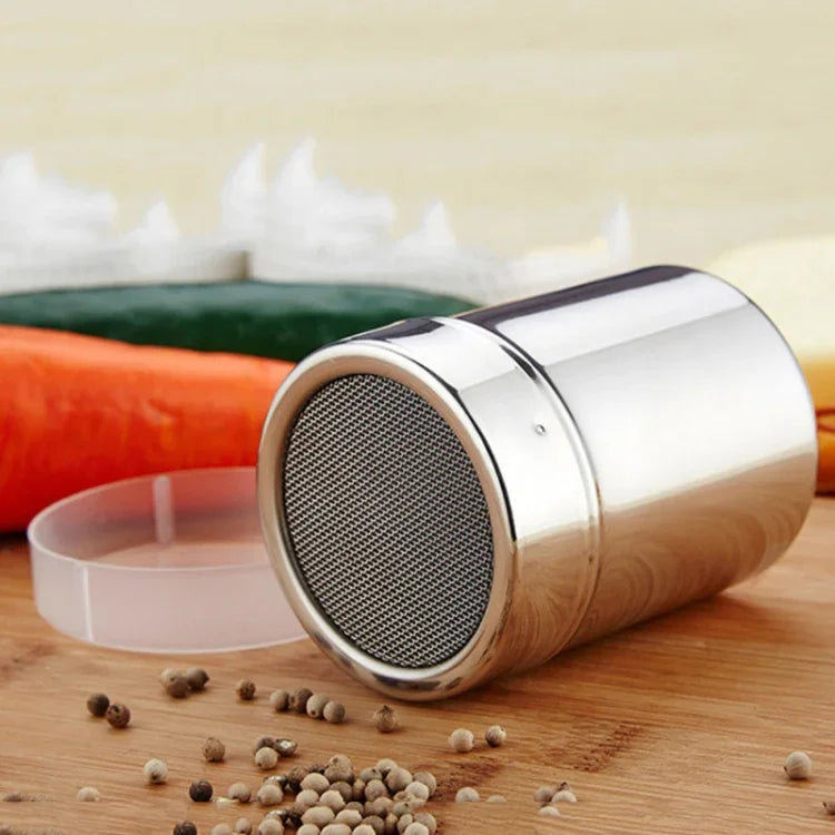 Recipiente para condimentos em pó de aço inoxidável 304 com peneira fina para cacau em pó, utensílios de cozinha domésticos, recipiente para cacau em pó