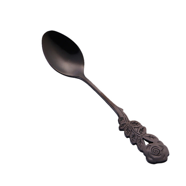 Colher de Café Pequena Mini em Aço Inoxidável com Flor de Rosa, Colher de Mexer, Colher de Chá, Colher de Sobremesa com Cabo Longo, Talheres