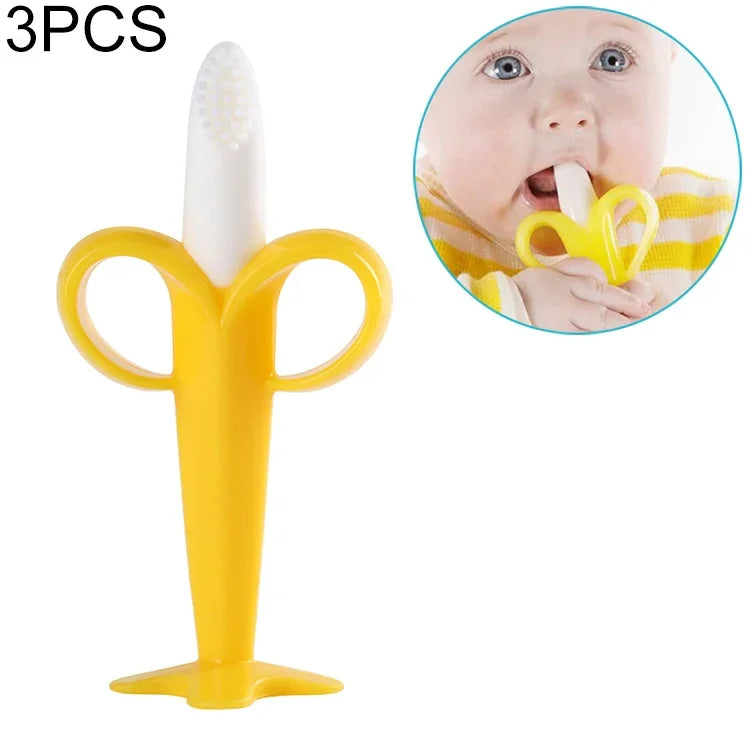 3 Unidades Escova de Dentes de Treino para Bebé em Silicone Forma de Banana, Mordedor Seguro para Crianças, Brinquedos de Mastigar, Anel de Dentição, Presente para Bebé, Amarelo-B