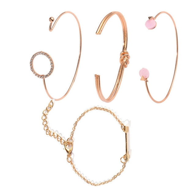 Conjunto de 4 Pulseiras Ajustáveis em Camadas com Cristais Redondos em Forma de Flecha para Mulheres, dourado, prateado