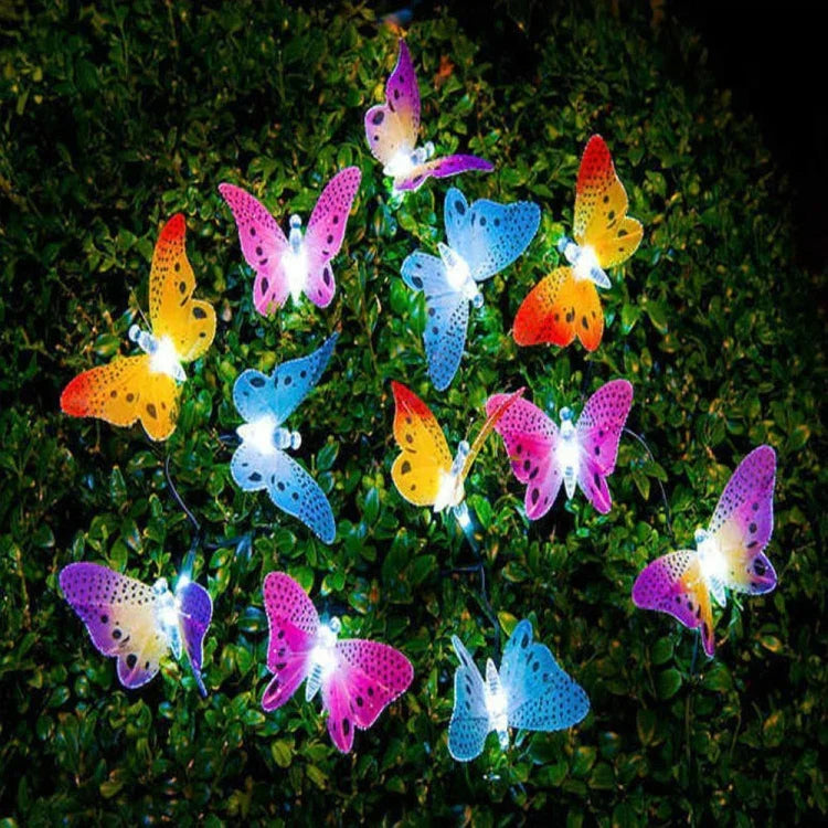 Cordão de luz de fada de fibra ótica em forma de borboleta, impermeável, para jardim exterior, luzes de Natal, 4 m com 12 LEDs, 5 m com 20 LEDs