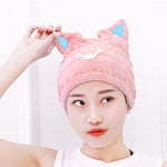 Touca de Cabelo para Secar com Orelhas de Gato em Fleece Coral Macio e Absorvente, Touca de Duche para Adultos Reforçada