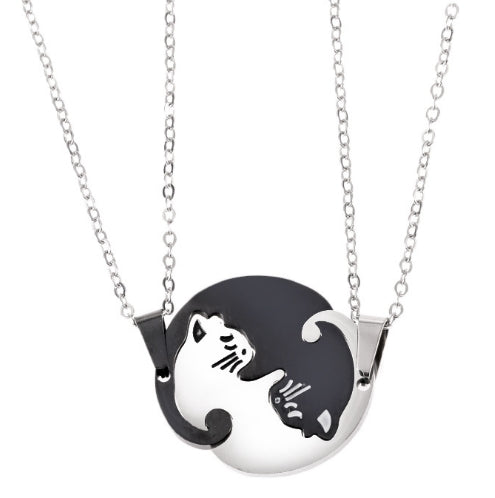 Colares de Joalharia para Casais em Aço de Titânio com Pendentes de Gato Animal, Gato Branco e Preto com Corrente Metálica, Gato Branco e Preto com Cordão de Couro