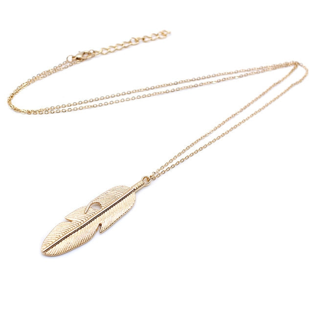 Colar Simples Clássico com Pendente de Pena, Colar Longo para Camisola, Colar Gargantilha para Mulheres, Dourado, Prateado