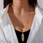 Colar Simples Clássico com Pendente de Pena, Colar Longo para Camisola, Colar Gargantilha para Mulheres, Dourado, Prateado