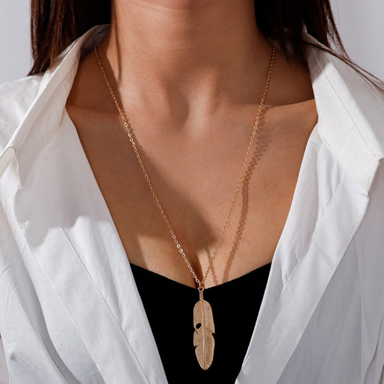 Colar Simples Clássico com Pendente de Pena, Colar Longo para Camisola, Colar Gargantilha para Mulheres, Dourado, Prateado